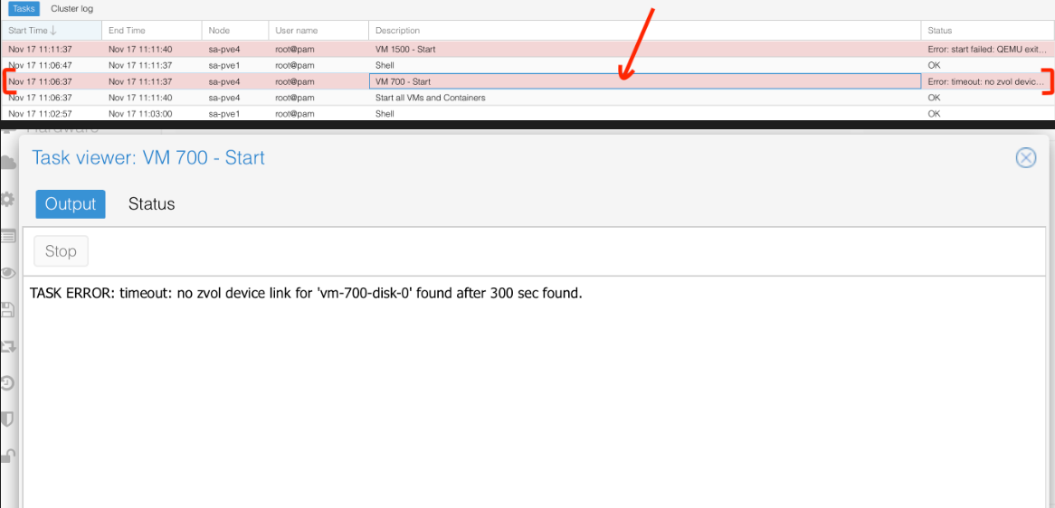 Error timeout: no zvol device link for vm