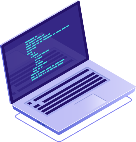 An isometric art of a laptop displaying lines of code with glowing rectangular outline at the base.