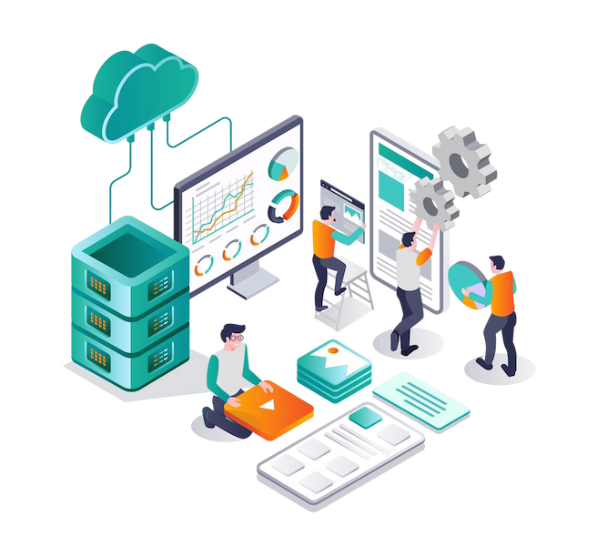 Isometric illustration of two developers performing differents tasks.