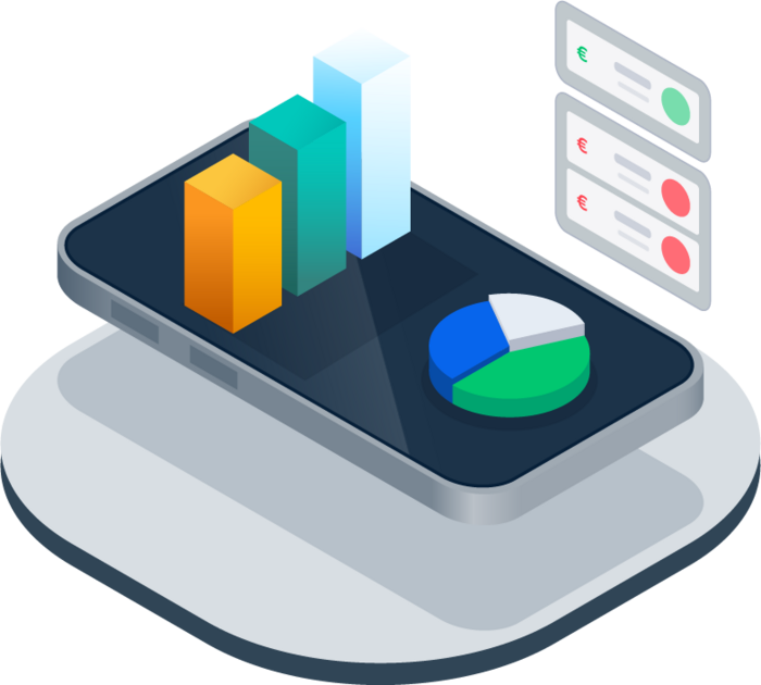 An isometric illustration of a mobile phone showcasing analytical features such as data reports and tranction logs.