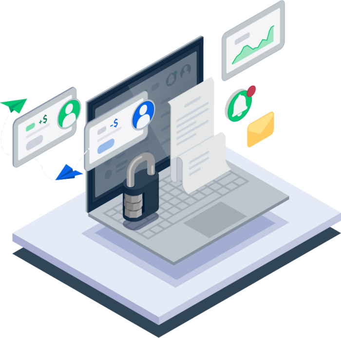 An isometric illustration of a laptop displaying various features like charts for reports and transaction logs.