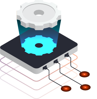 Isometric illustration of a central port with three connected points, projecting a cog symbol.