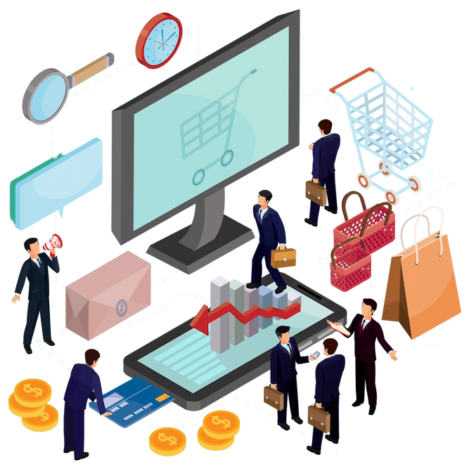 Miniature shopping trolley with bags and boxes on top of a laptop displaying 'Show Now' on its screen.