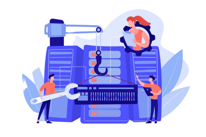 Developers structuring data in a center, representing big data engineering and architecture.