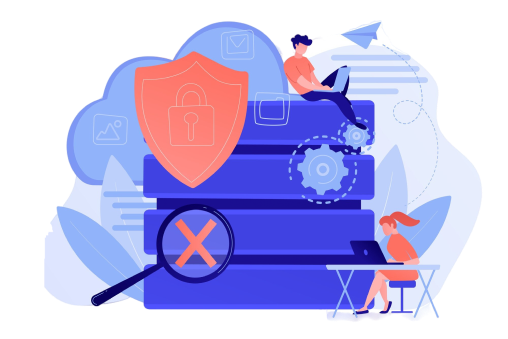 Creative illustration of two developers working together, surrounded by shapes symbolizing data security, one sitting atop a server rack and the other behind a desk.
