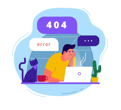 Disappointed user encountering an Error 404 while sitting at a desk with coffee and a cat.