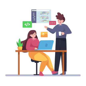 Two developers casually discussing code, one programming while the other drinks coffee.