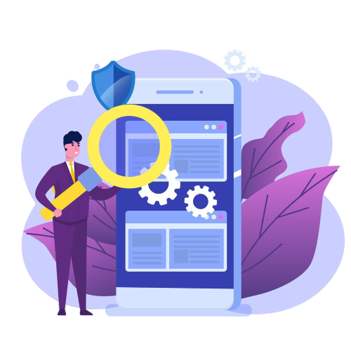 Creative illustration of a man in a suit holding a magnifying glass over a large phone with a security icon, symbolizing safety and security.