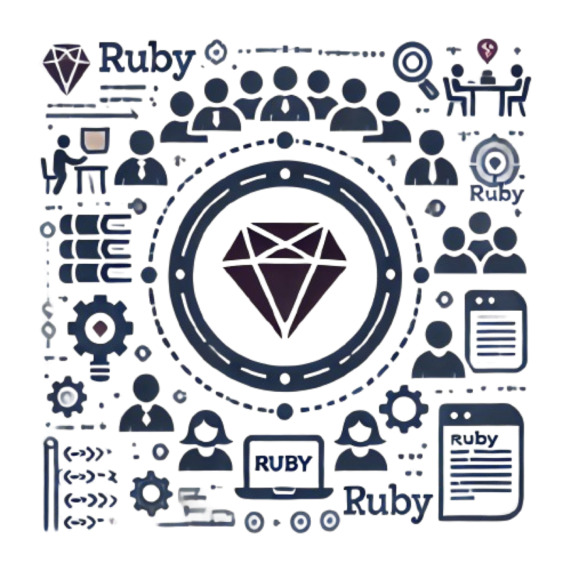 Creative illustration of Ruby with a diamond in the center surrounded by users, cogs, and other shapes.